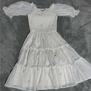 Ivy City Co White Metallic Gold Dress Layered Tulle Floral Embroidered 8T